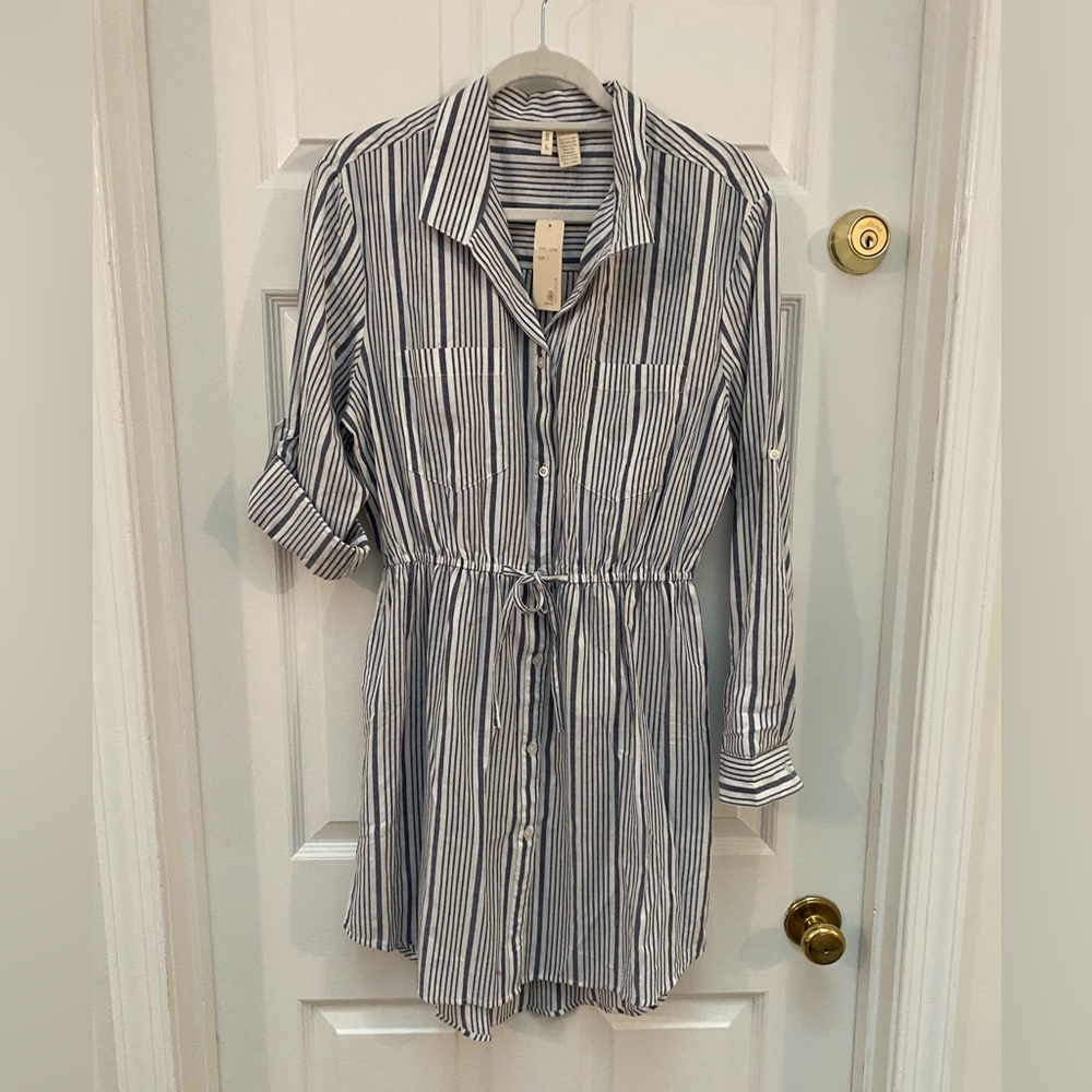 NWT Navy & White Striped Shirt Dress w Adjustable Sleeves by Japna. Pockets. L